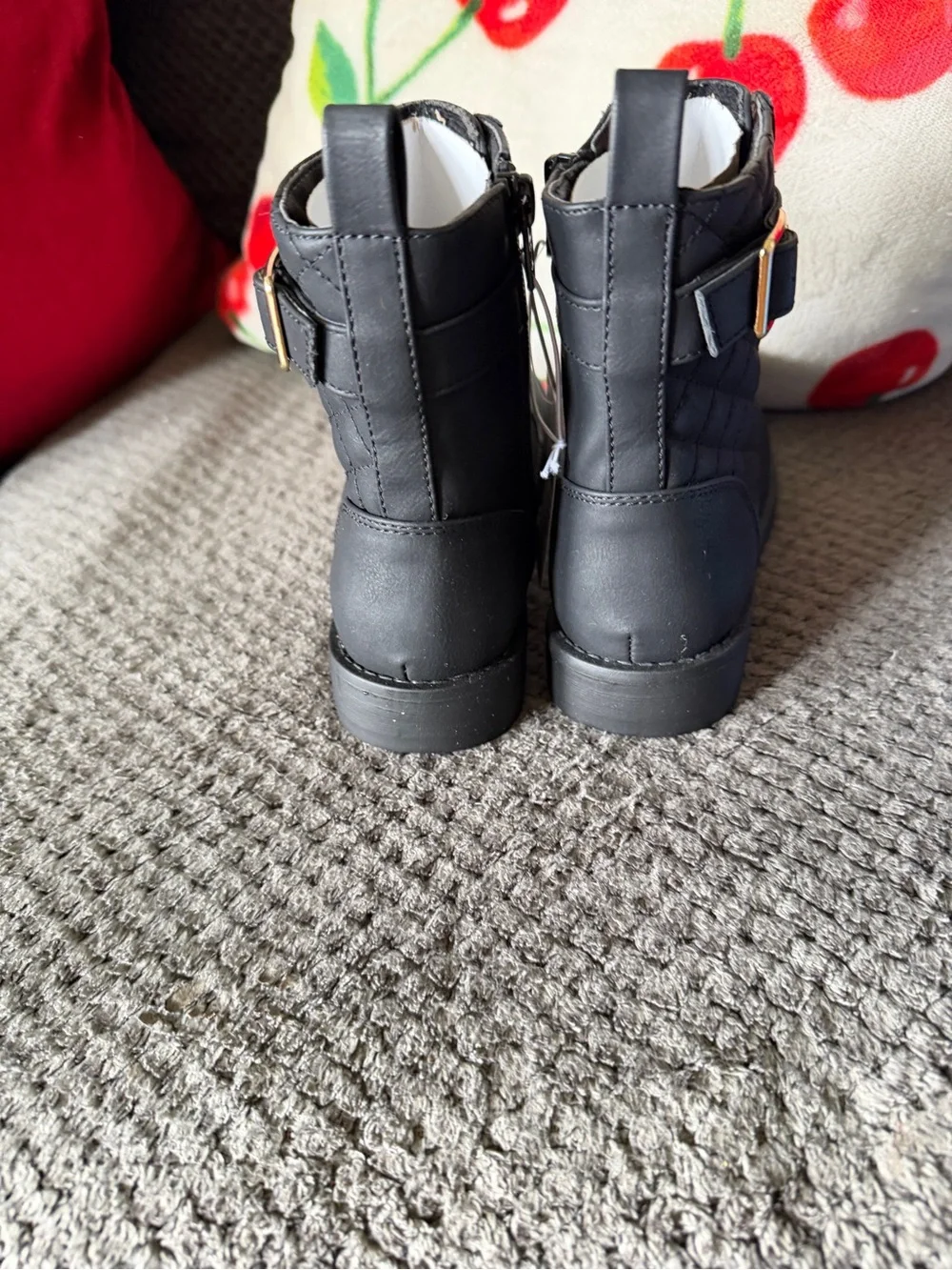 The Children's Place Black Quilted Combat Boots with Gold Buckle